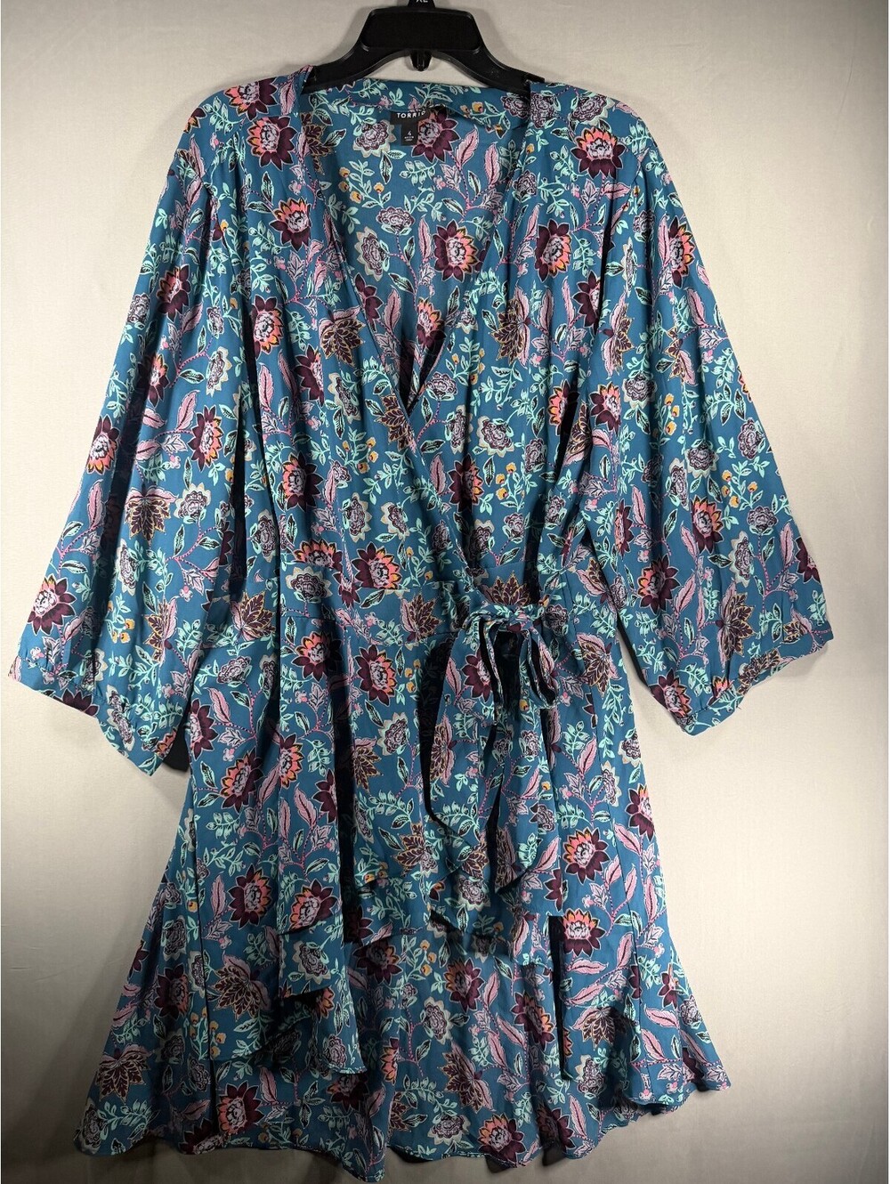 Torrid Teal Floral Print Wrap Dress with Ruffles on the Bottom Size 4X